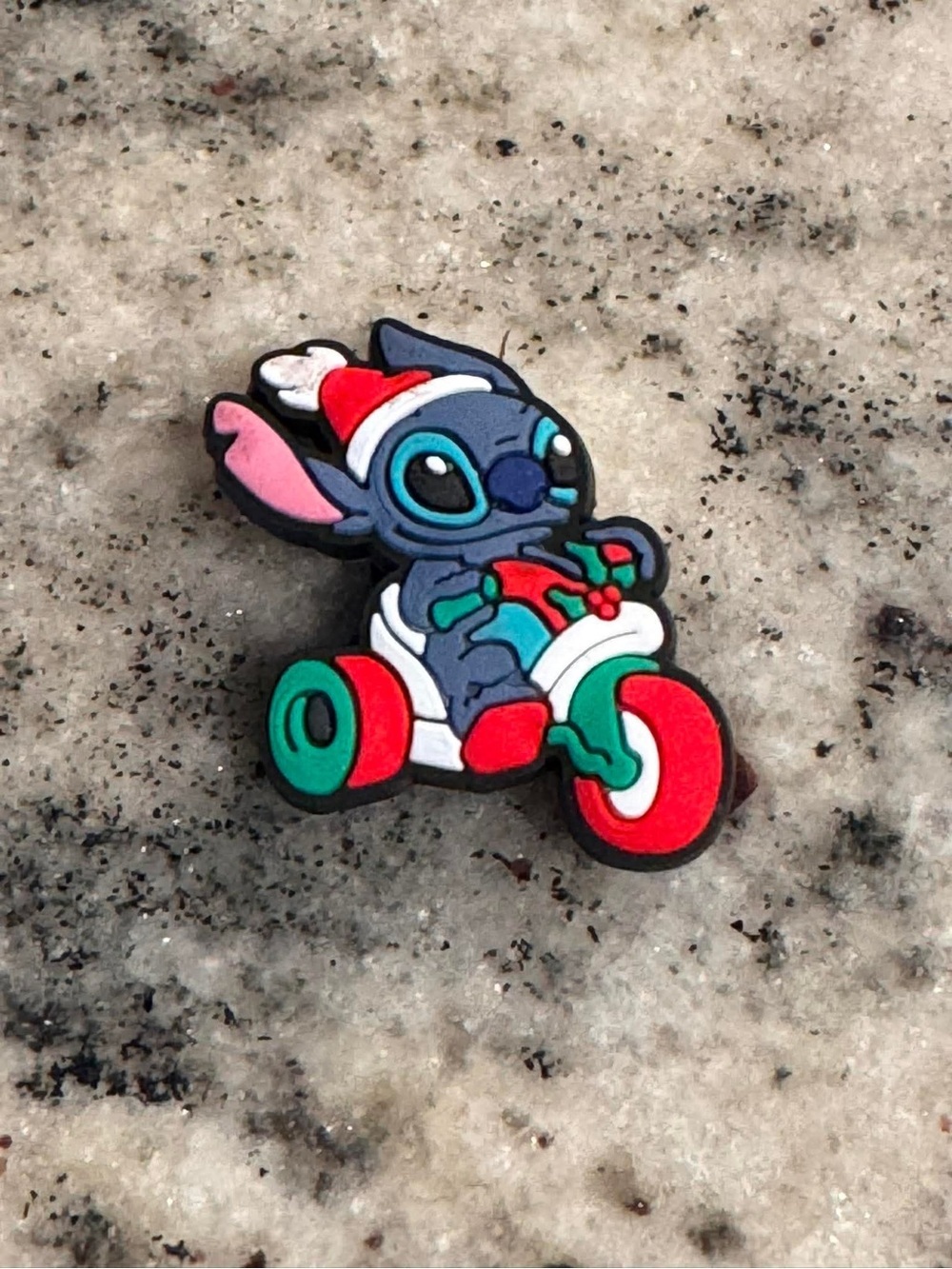 CROCS Blue Stitch Holiday Tricycle Jibbitz Charm with Red and Green Accents